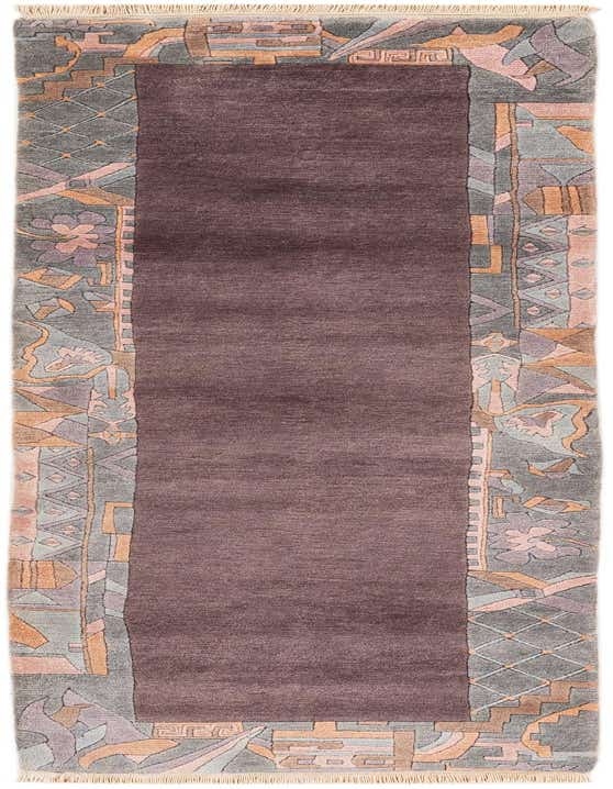 A 9 ft runner rug with a deep purple center and a wide border featuring modern oriental patterns in grey, light blue, pink, and orange tones, suitable for a hallway.