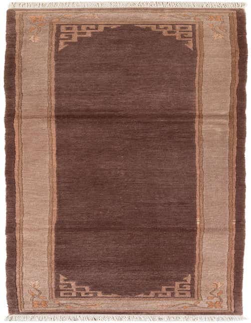 A 11 ft runner rug in deep purple with a light brown border featuring a geometric pattern and floral accents, ideal for a hallway.