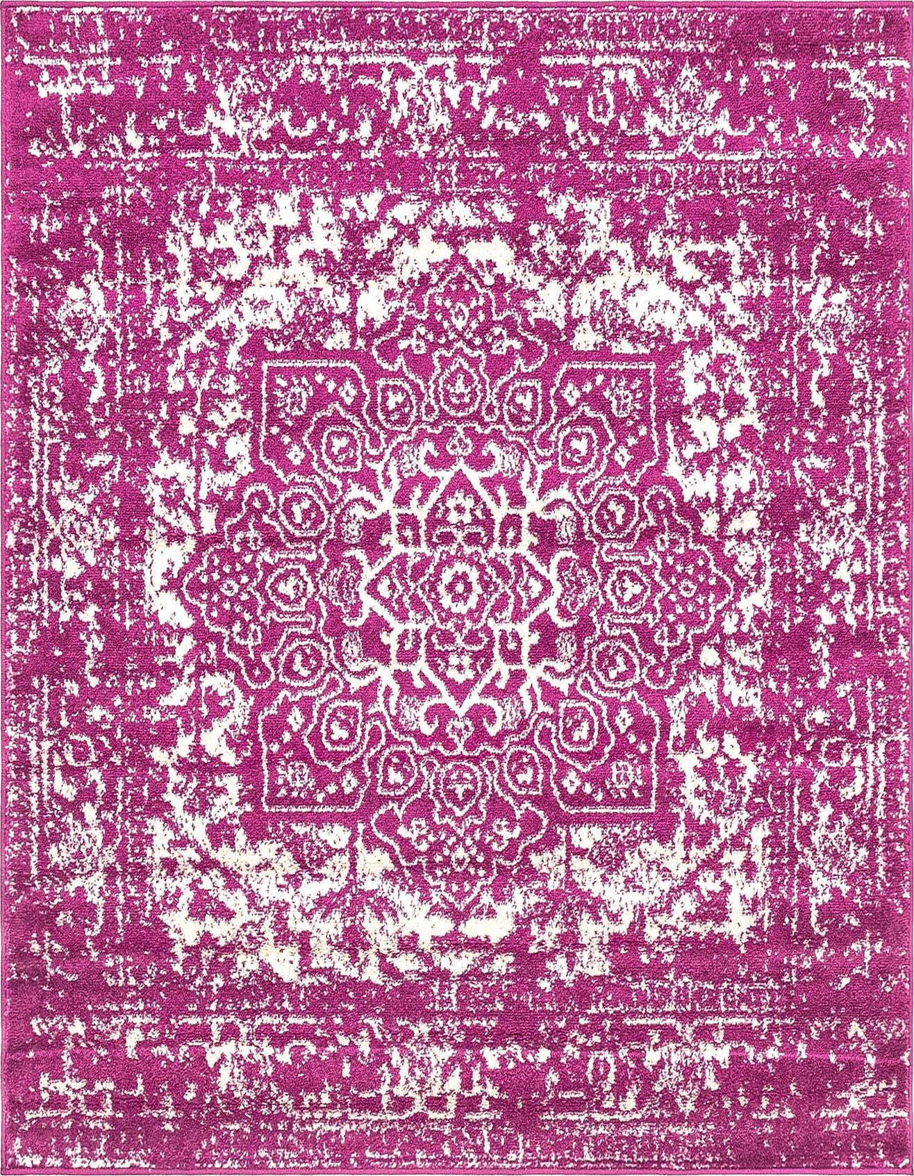 A 5' 3 x 5' 3 square purple and white distressed medallion rug, featuring a traditional pattern.
