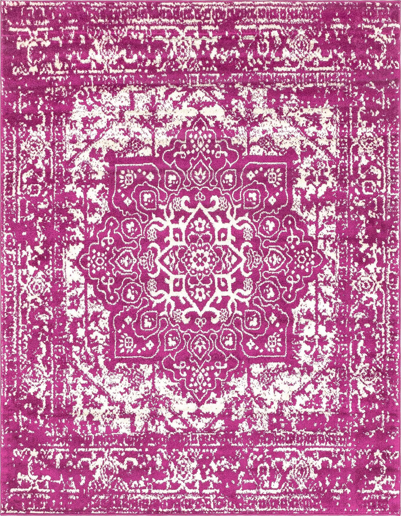 A square 7' 10 x 7' 10 purple and white traditional medallion area rug with a distressed vintage look.