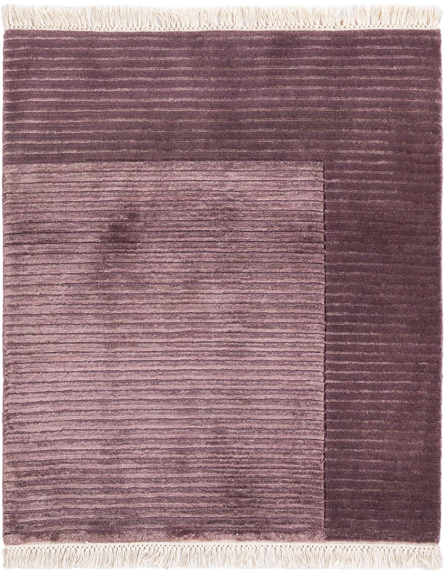 A square Darya rug in varying shades of purple with horizontal stripes and white fringe, showcasing its modern wool texture.