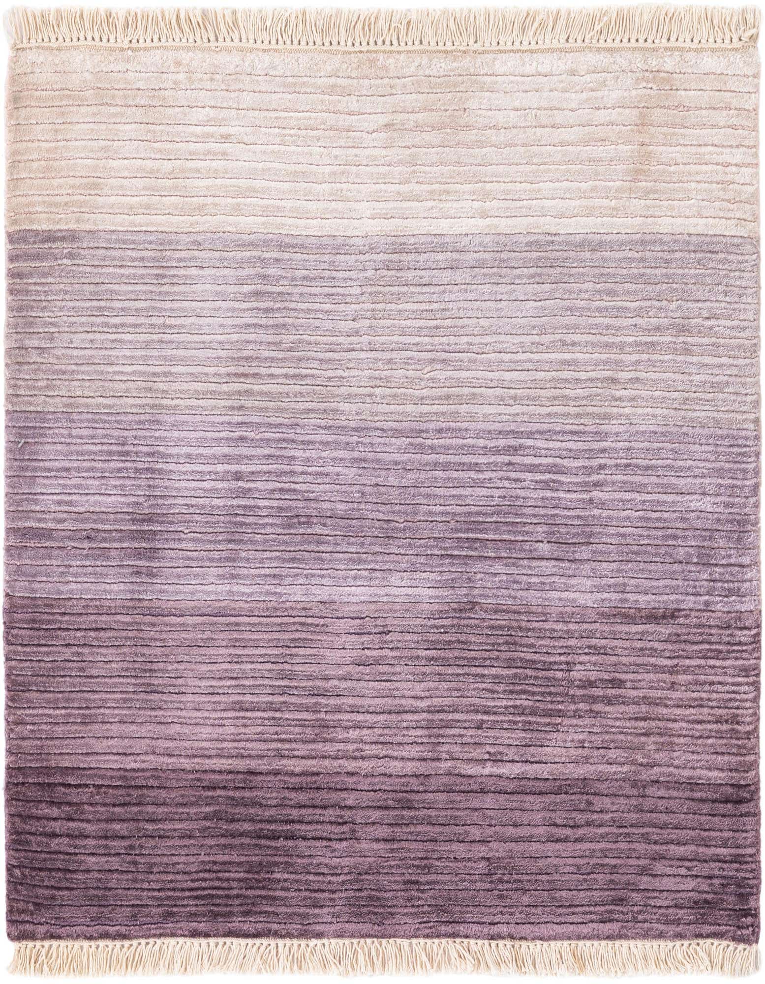 A 2'6" x 2'7" square Darya rug, handmade from wool, featuring a modern purple ombre design with horizontal stripes and fringe.