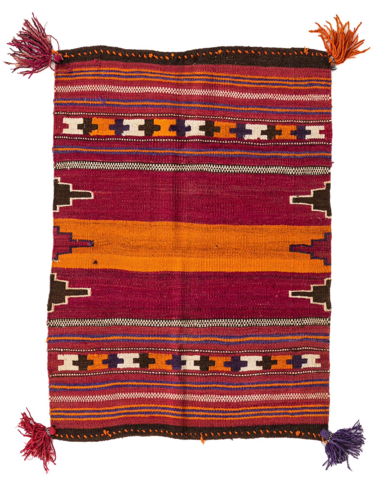 A 3' 0 x 3' 8 square Kilim Afghan rug featuring a vibrant tribal pattern in purples, oranges, and blues, with decorative tassels on each corner.