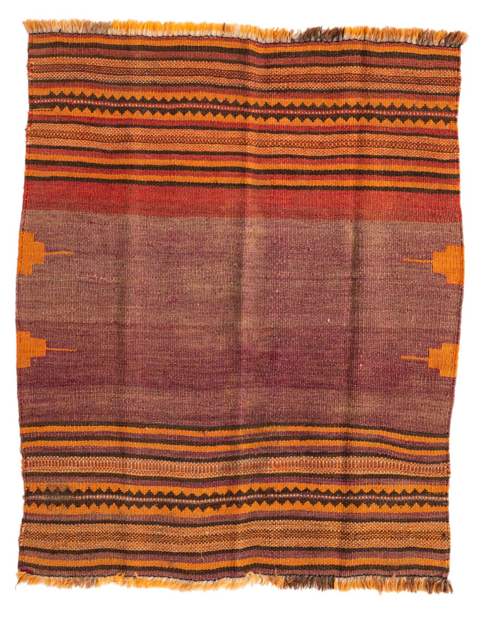A square Kilim Fars wool rug featuring a central purple field with orange tribal motifs and striped borders in orange, red, and black.