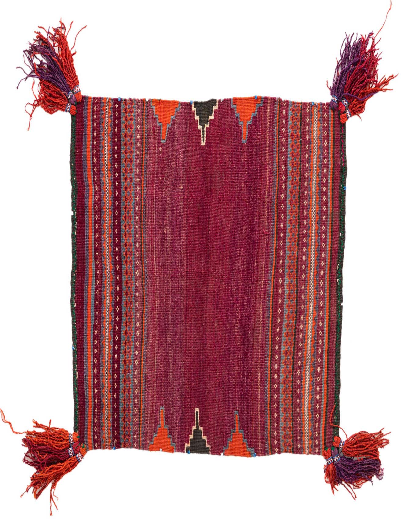 A 3'1 x 3'6 square purple flatweave rug with tribal patterns in orange, red, and black, featuring decorative tassels at each corner.