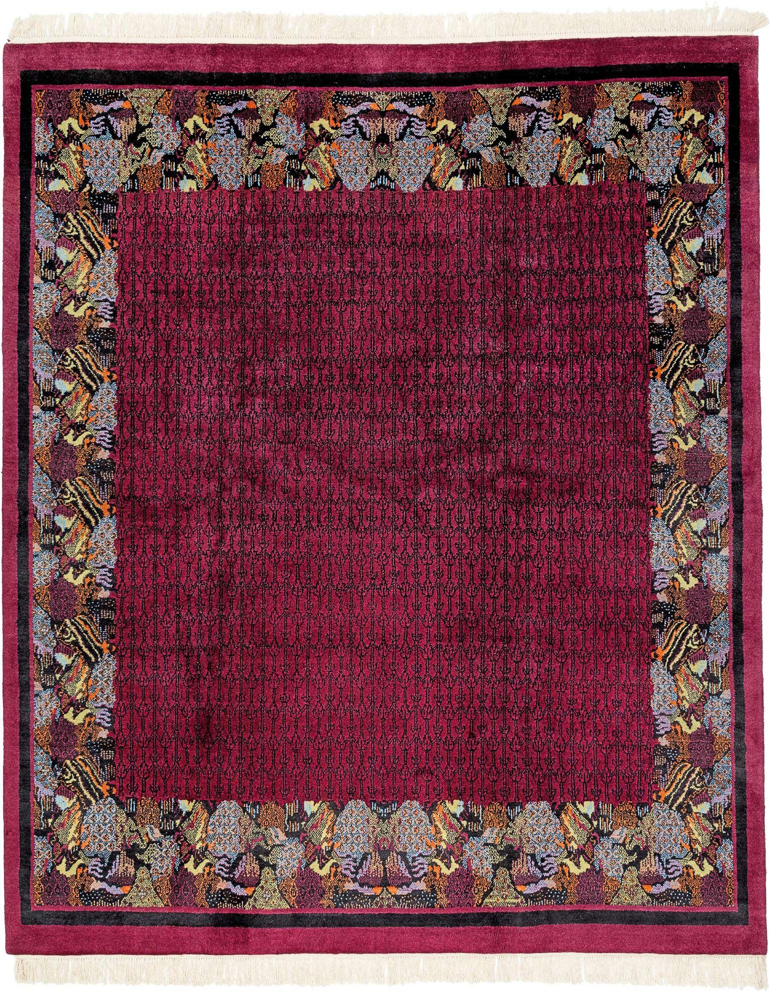 A square 7' 10 x 8' 1 purple wool rug with a modern oriental abstract border and fringe.