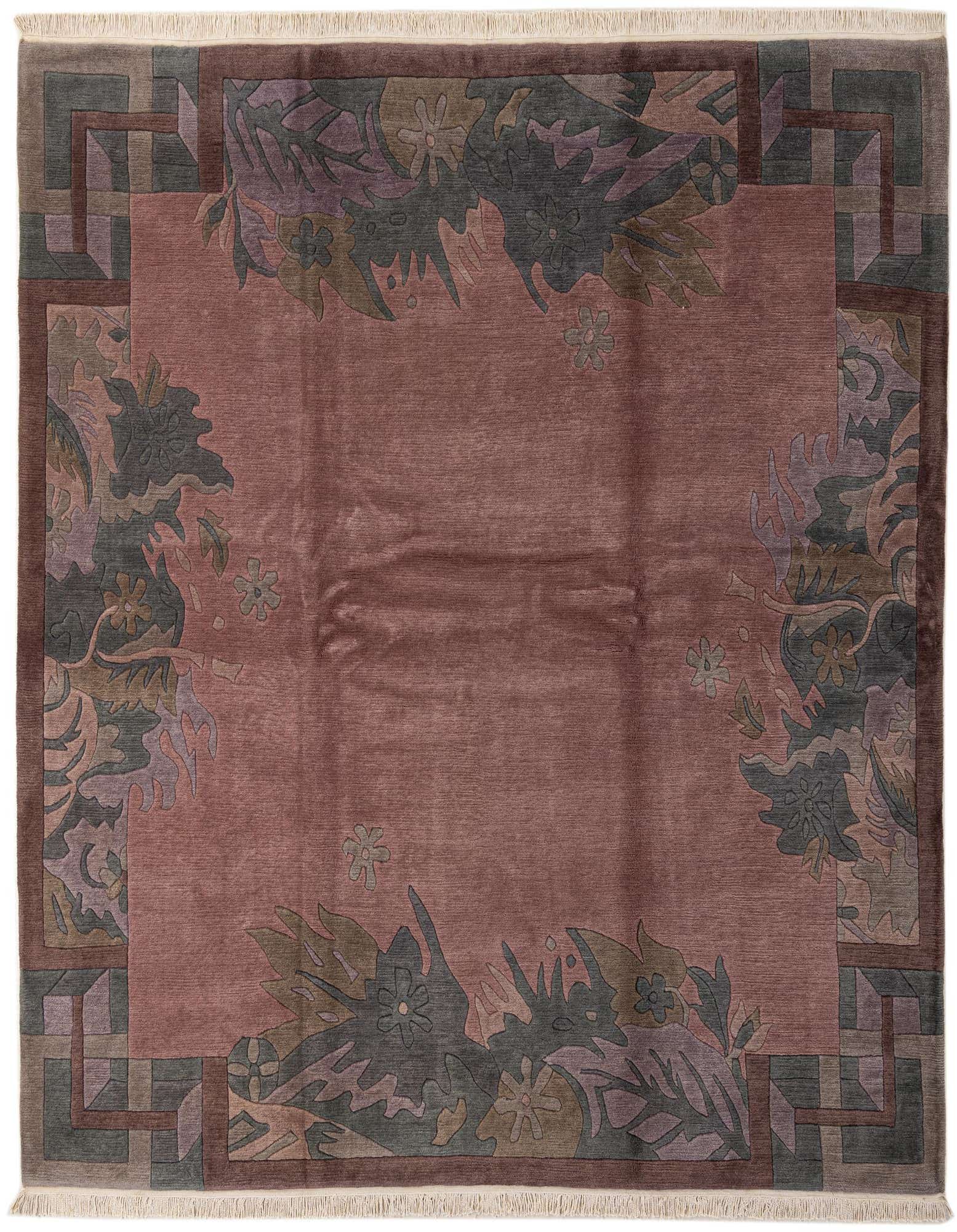 A square 8' 2 x 8' 2 purple wool rug with a modern oriental floral and geometric border design, suitable for indoor use.