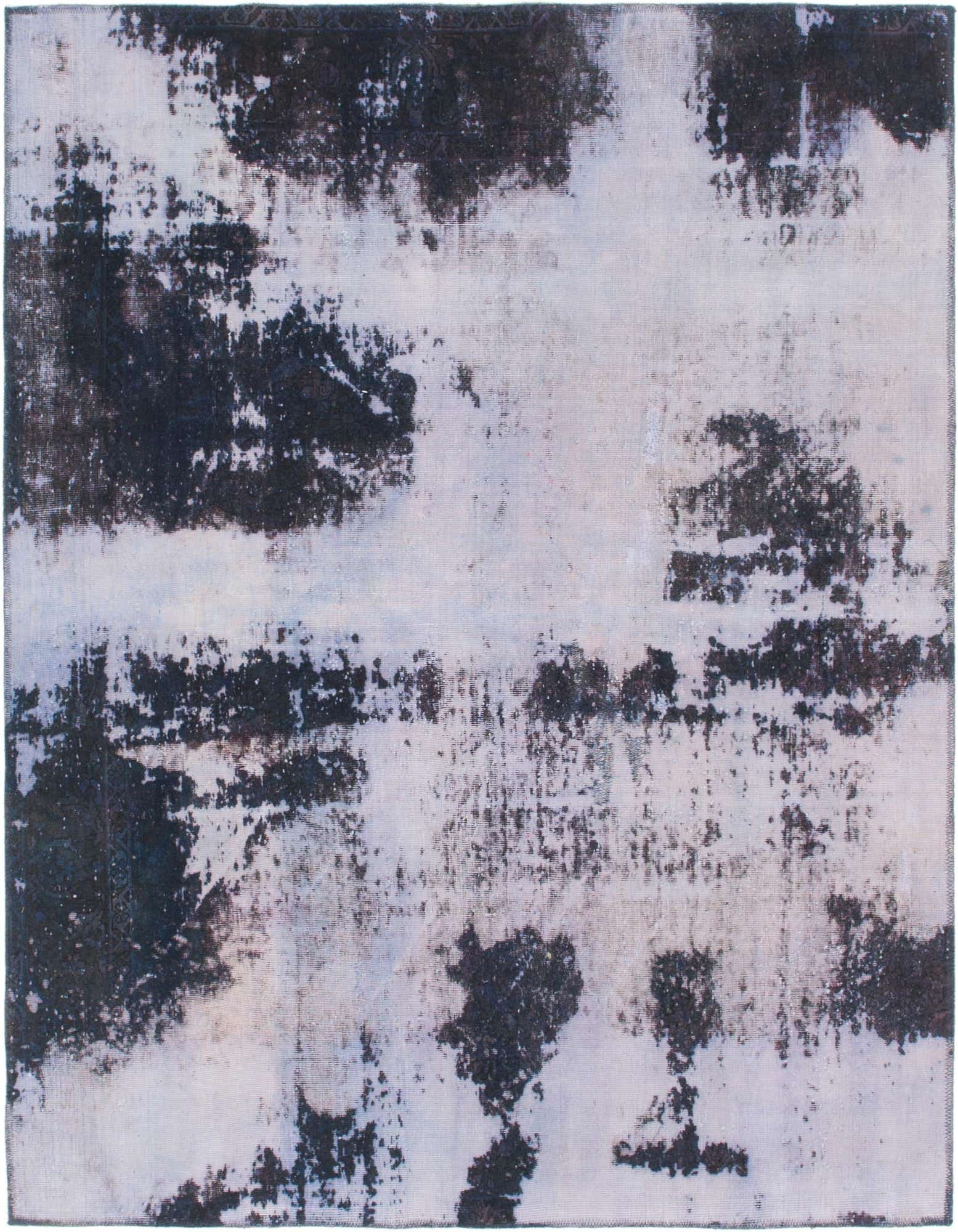 A 5'10" x 6'8" square purple and off-white abstract wool rug with a distressed, vintage look.