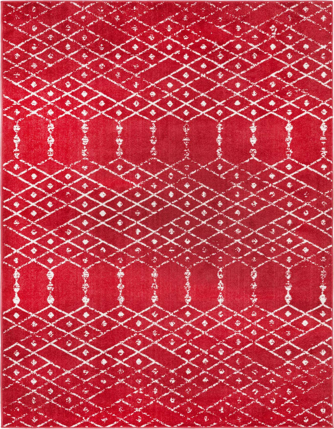 A 6x9 rectangular Paxon Trellis rug in raspberry pink with a distressed white tribal trellis pattern, ideal for a living room.
