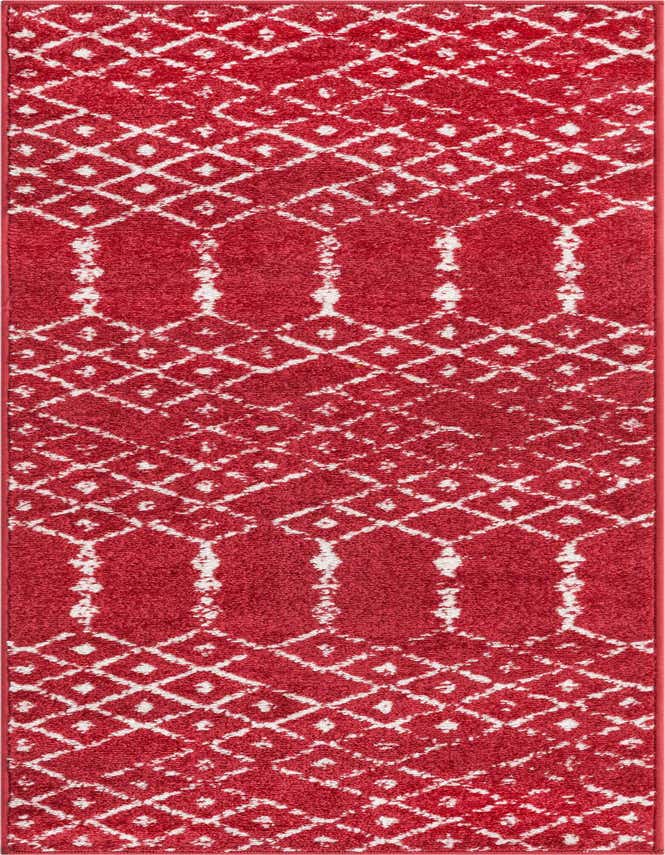 A 6 ft runner rug in raspberry pink with a modern tribal trellis pattern in white, ideal for a hallway or kitchen.