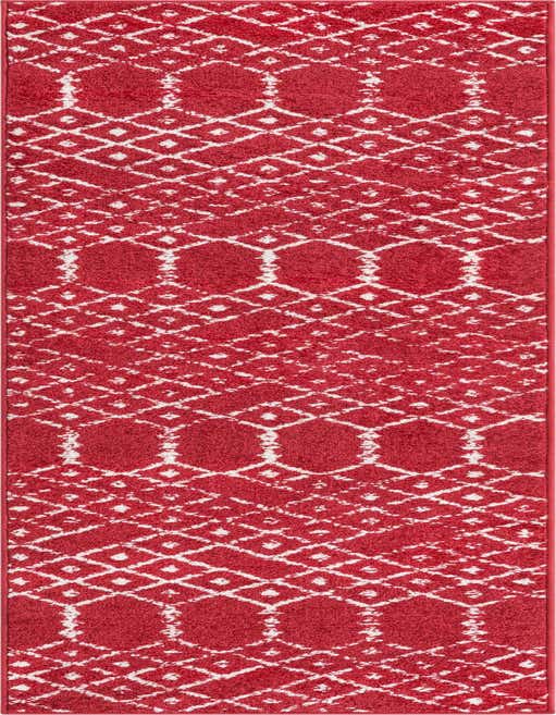 A long 8 ft runner rug in raspberry pink with a modern tribal trellis pattern in white, perfect for a hallway or kitchen.