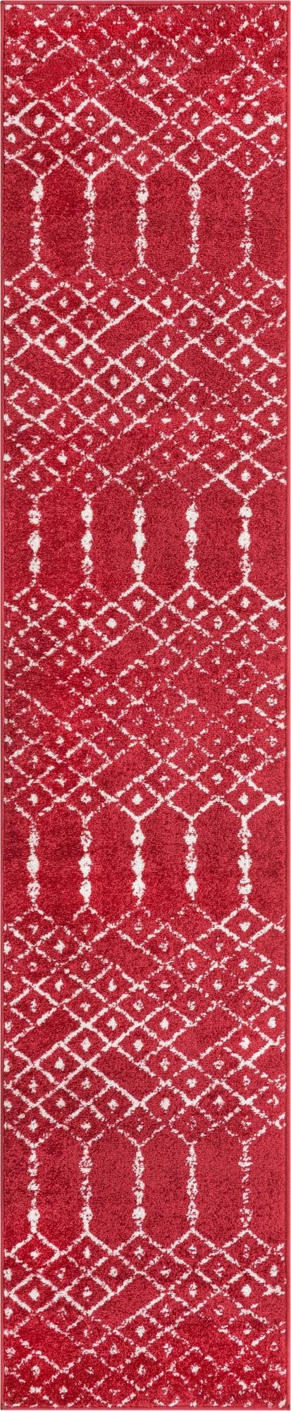 A 10 ft runner rug in raspberry pink with a modern tribal trellis pattern in off-white, perfect for a hallway.