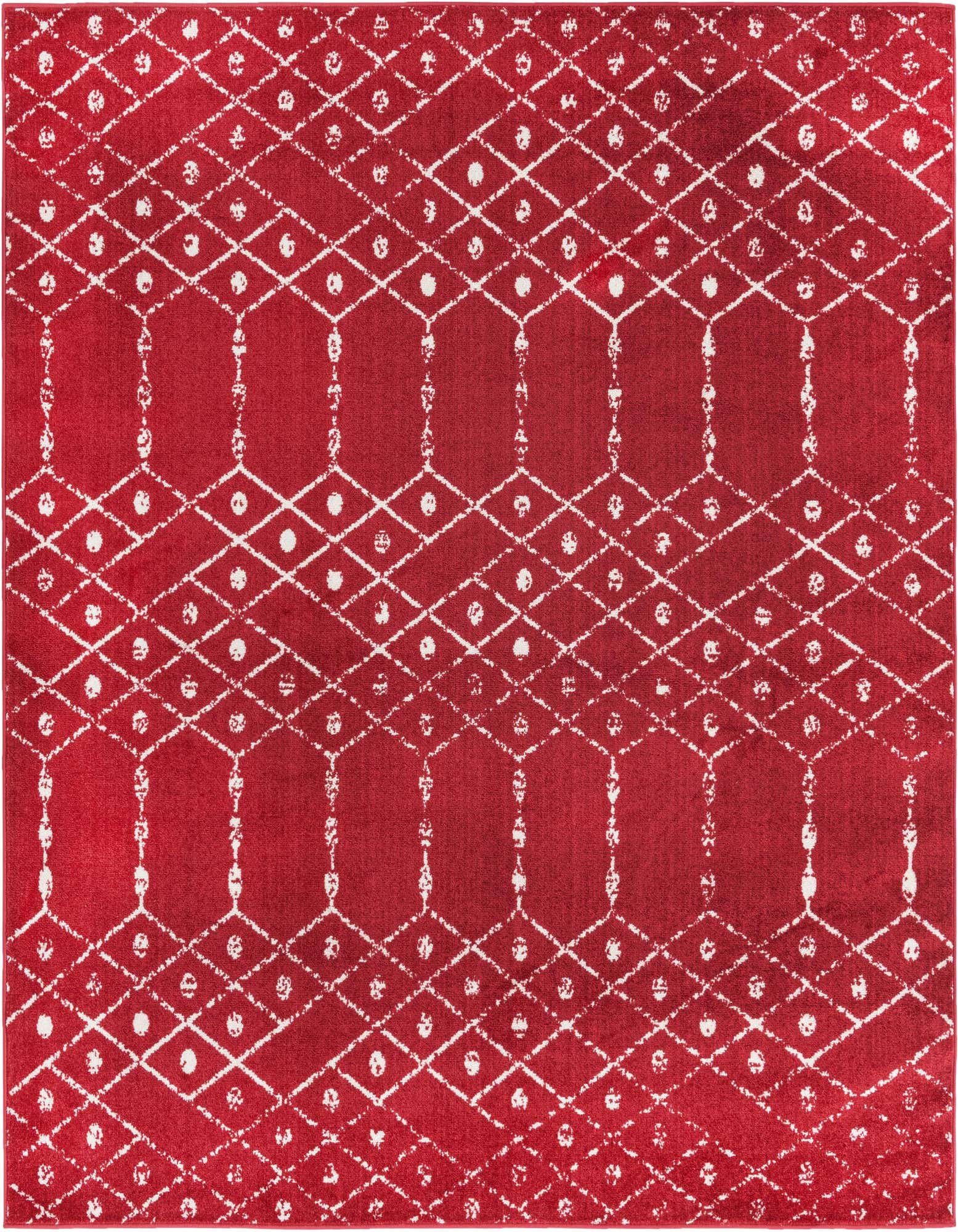 A square raspberry pink rug with a distressed white tribal trellis pattern, featuring diamonds and dots.