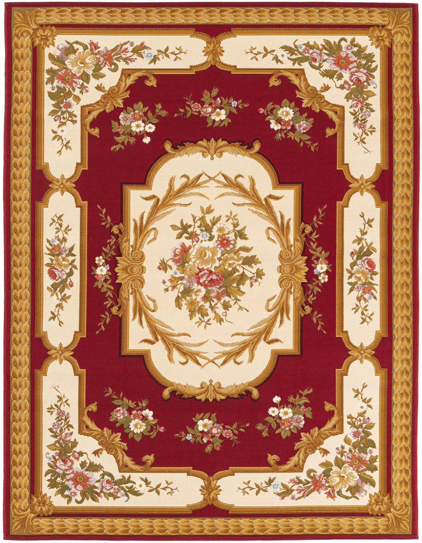 A 5x8 rectangular indoor/outdoor rug featuring a traditional red background with beige and gold ornate floral medallion patterns.