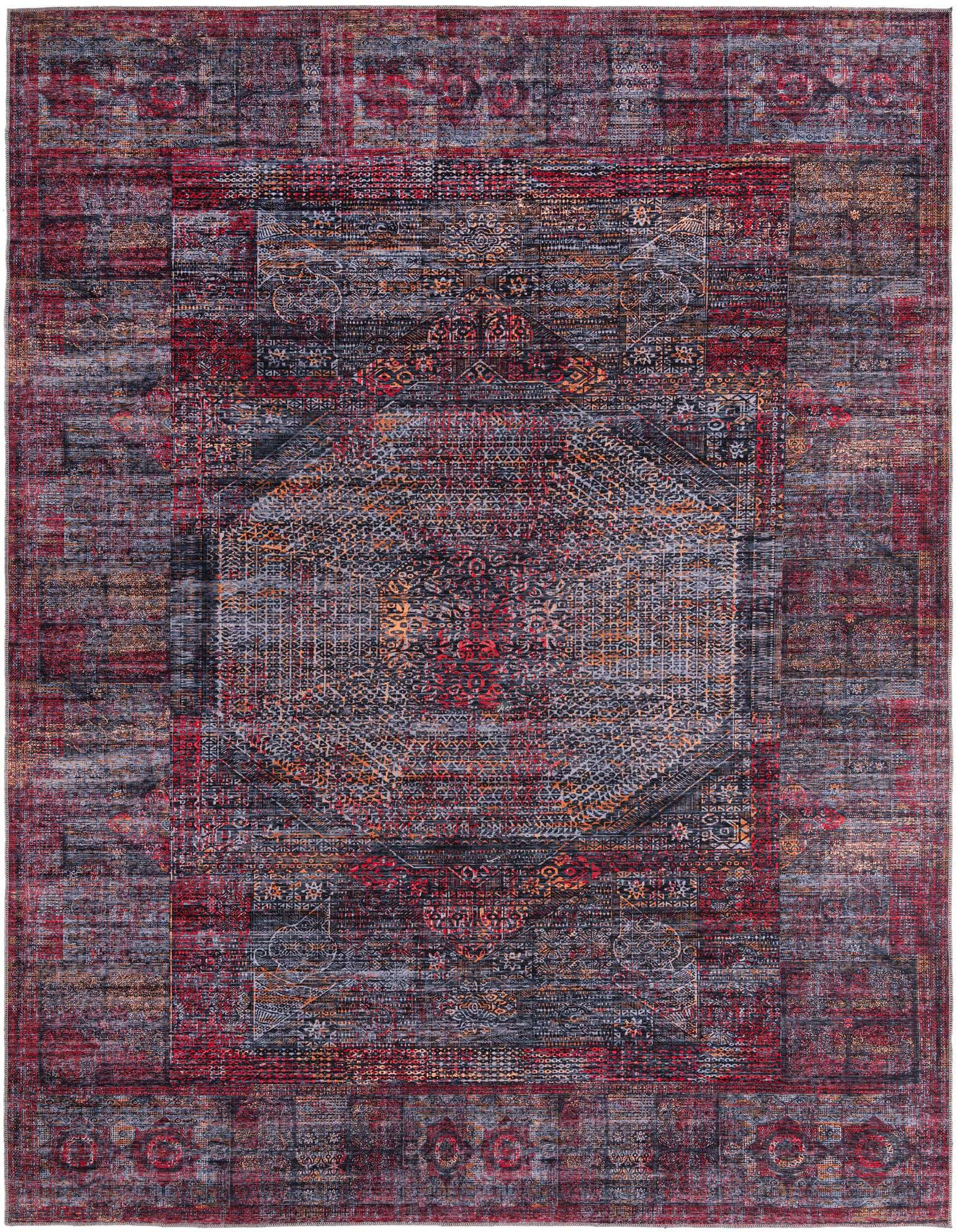 A 10x13 rectangular Mangata rug featuring a distressed traditional medallion pattern in blacks and reds.