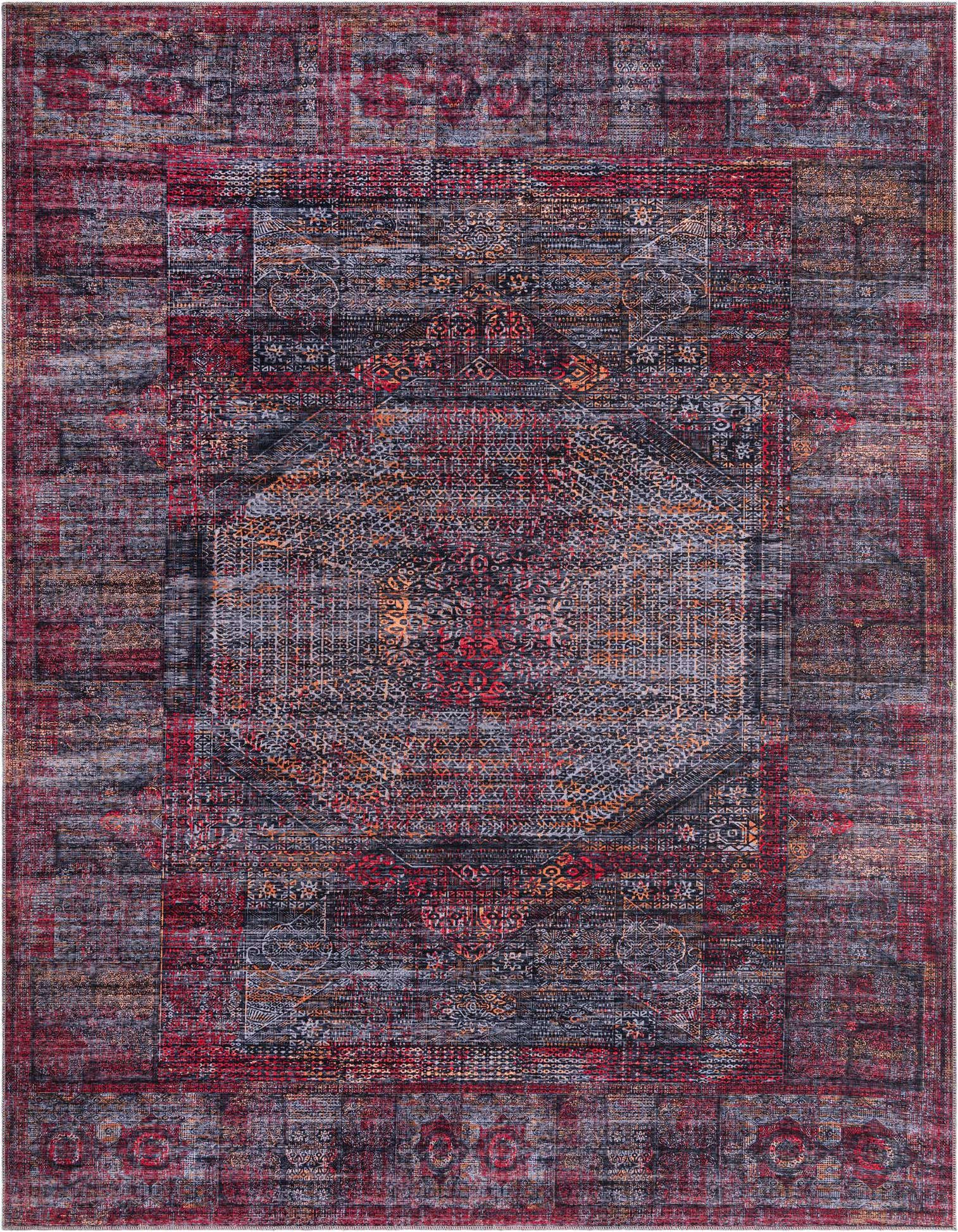 A 9x12 rectangular Mangata rug featuring a distressed traditional medallion pattern in shades of black and red.