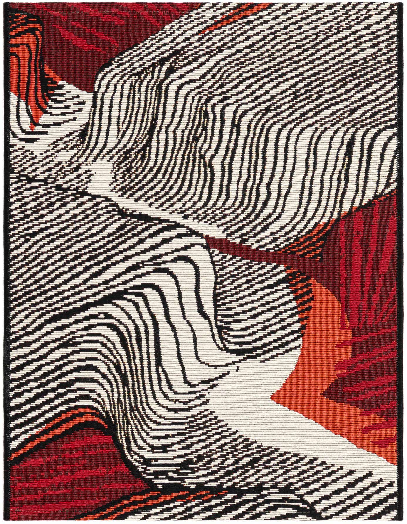 A 2x3 rectangular Rugs.com Outdoor Modern rug featuring an abstract pattern of black and white stripes with bold red and orange accents.