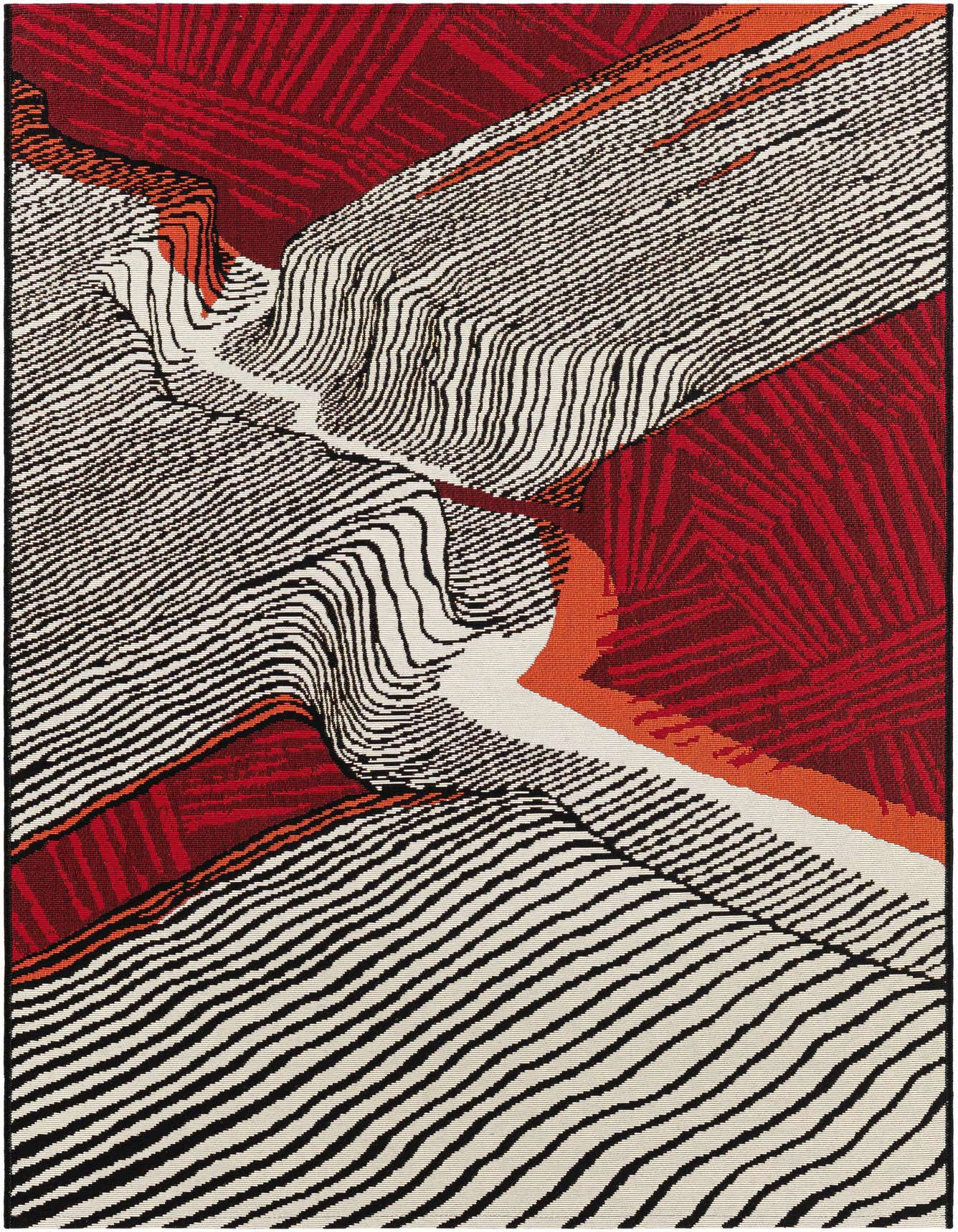A 4x6 rectangular indoor/outdoor rug with a modern abstract pattern in black, red, and off-white, featuring undulating lines and bold color blocks.