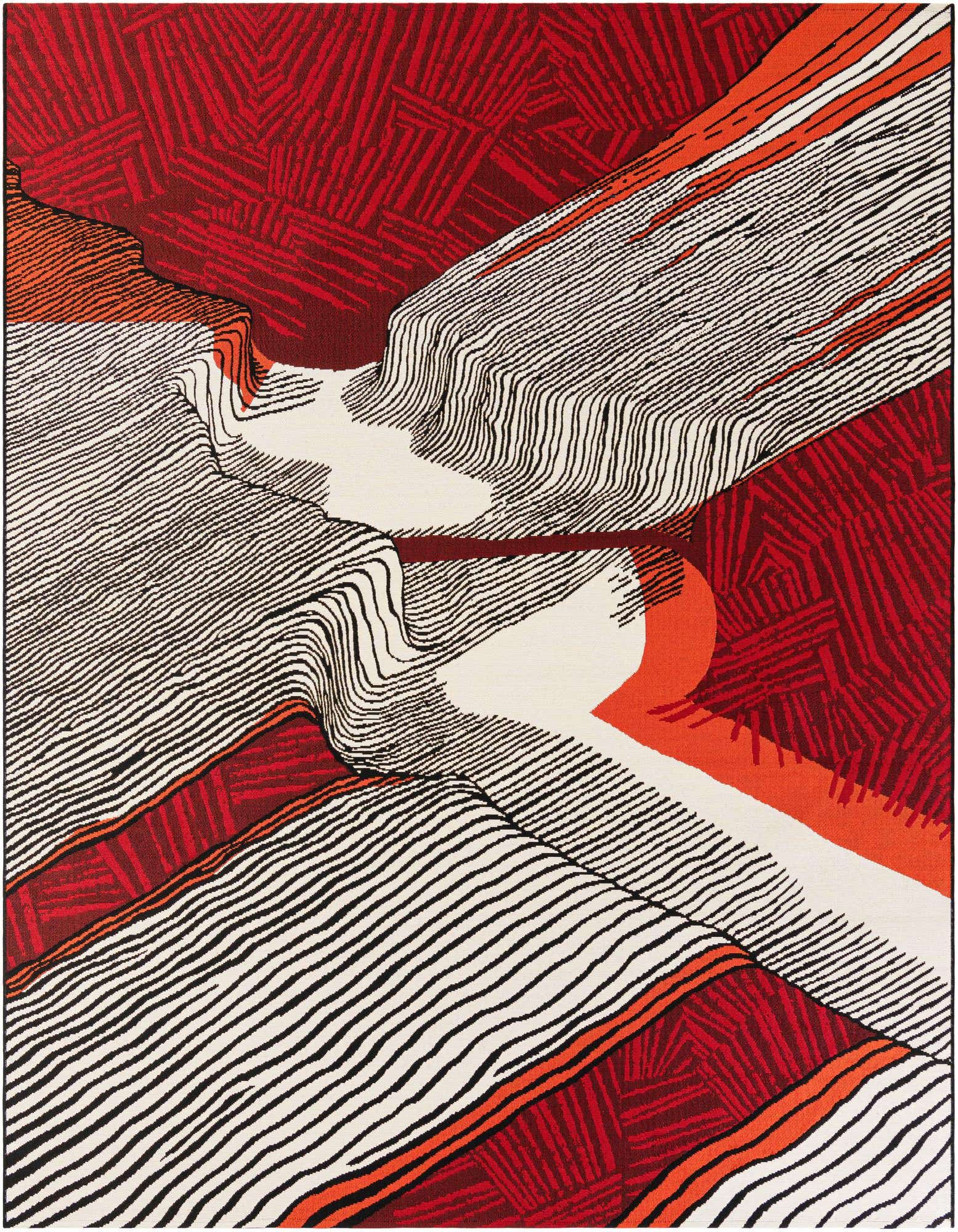 An 8x10 rectangular modern abstract rug in black, red, and off-white, featuring a dynamic, flowing pattern of lines and solid shapes, suitable for indoor or outdoor use.
