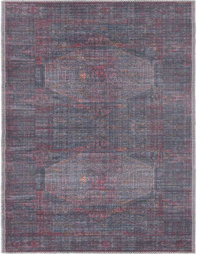 A 6 ft runner rug with a vintage medallion pattern in faded blacks and reds, ideal for a hallway.