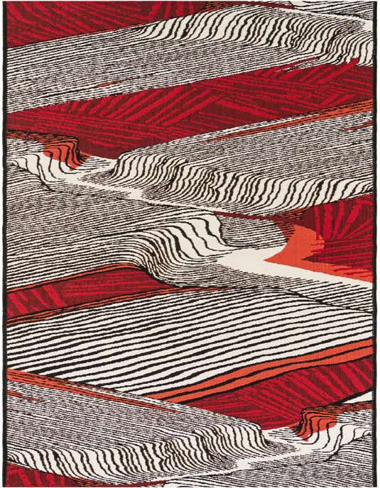 A 10 ft runner rug with a modern abstract pattern in black, red, and white, suitable for a hallway or patio.