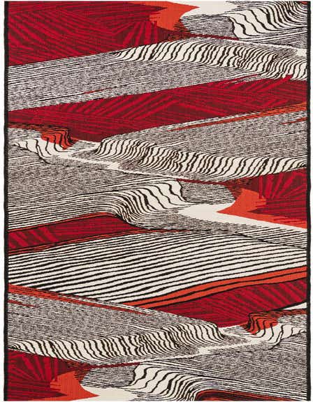 A 12 ft runner rug featuring a modern abstract pattern of black wavy lines on a white background, interspersed with bold red and orange sections.