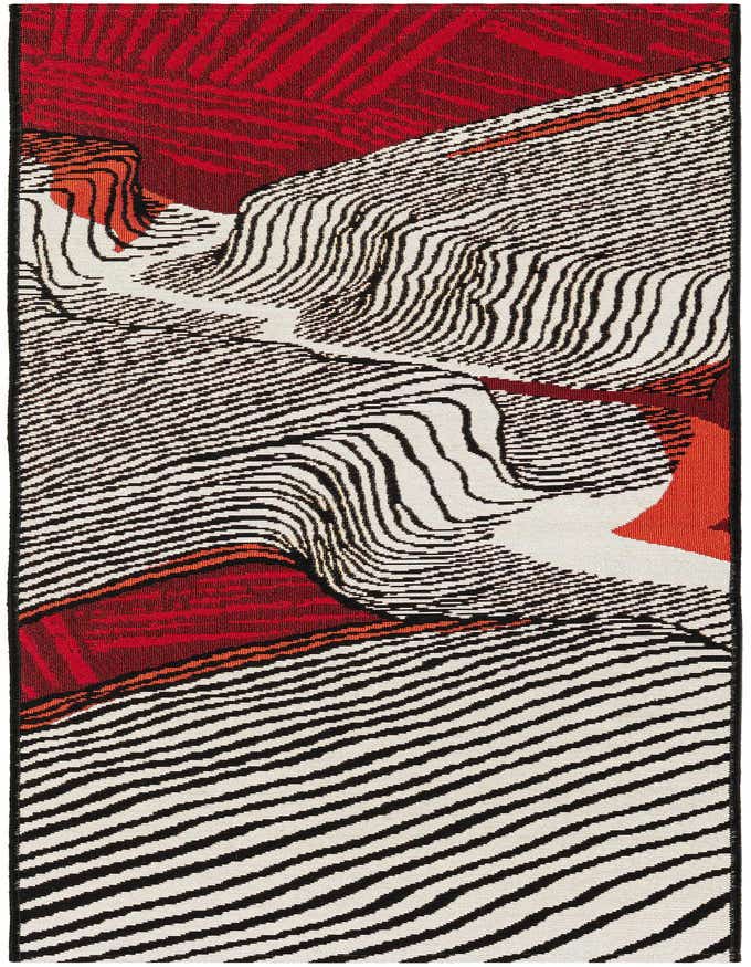 A 6 ft runner rug with a modern abstract pattern in black, white, and red, featuring wavy lines and geometric shapes.