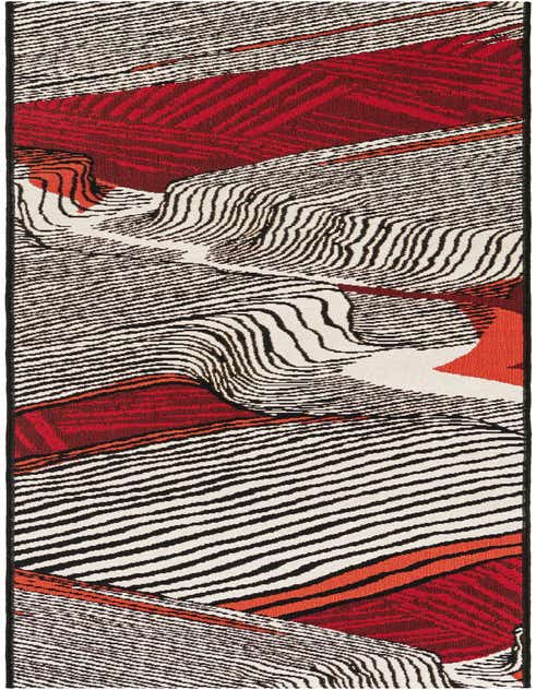 A modern 8 ft runner rug featuring a bold abstract pattern of wavy black lines on a white background, interspersed with vibrant red and orange sections.