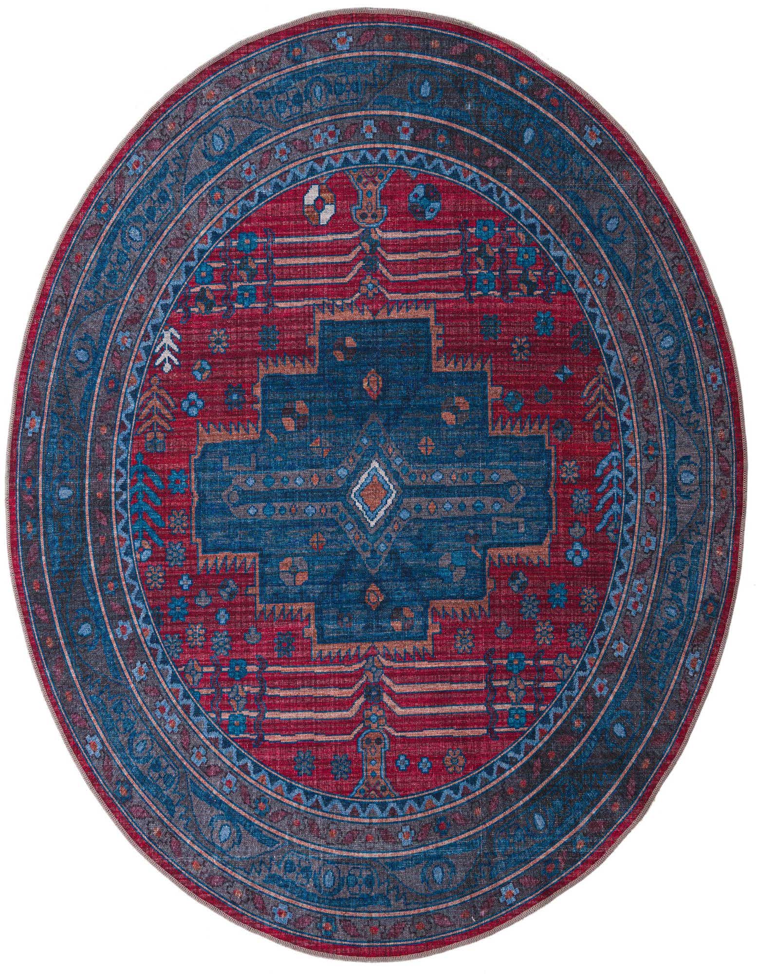 A 7' 3 round Mangata rug featuring a vibrant blue tribal medallion on a rich red background, with intricate blue and brown borders.