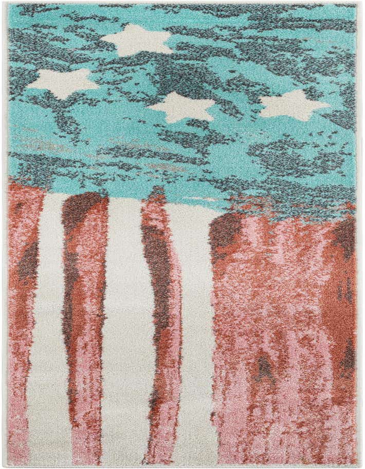 A 6 ft runner rug featuring a distressed American flag design with teal blue and white stars over a dark background, and faded red and white stripes.