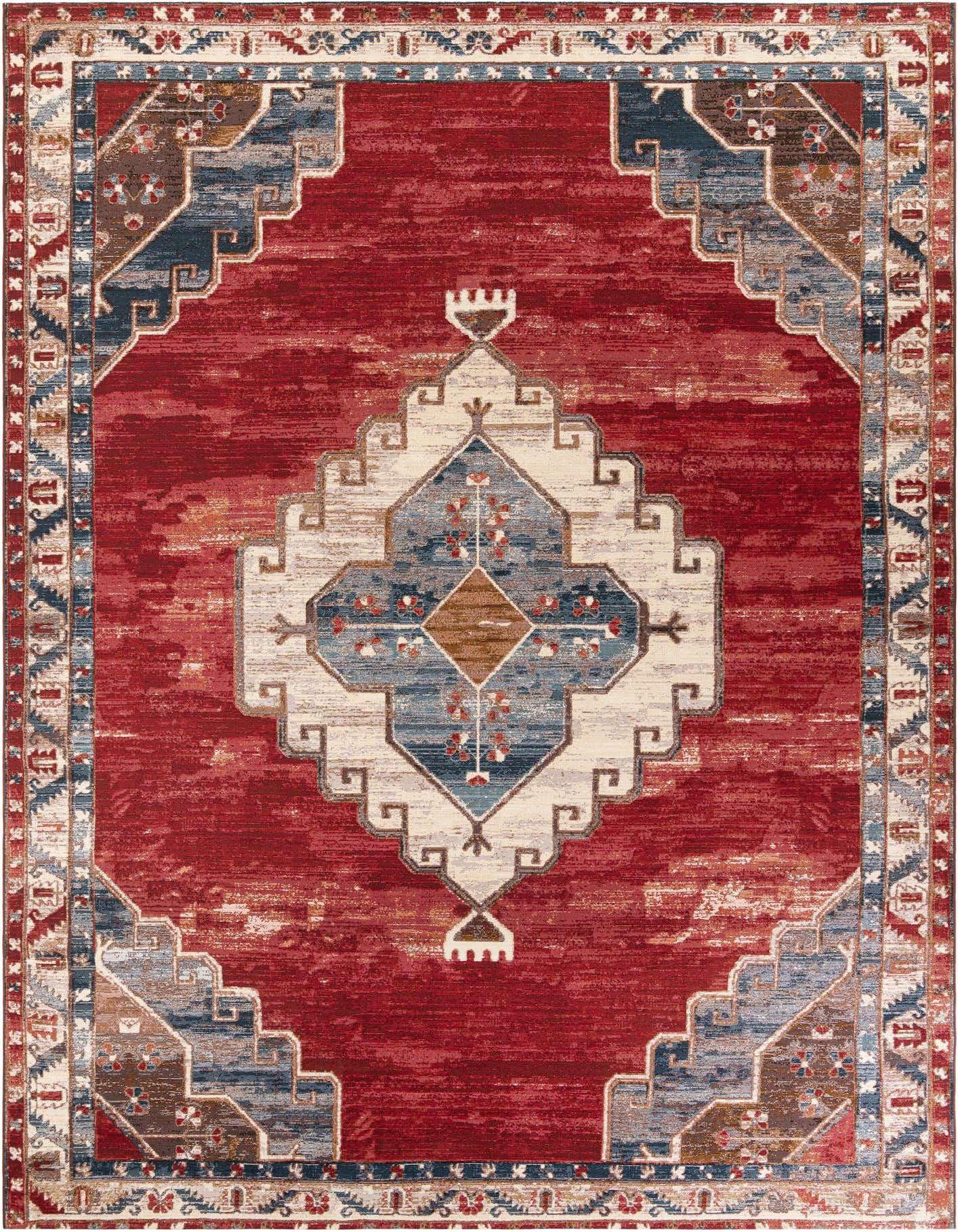 A 10x14 rectangular red and navy blue traditional outdoor rug with an ornate medallion pattern.