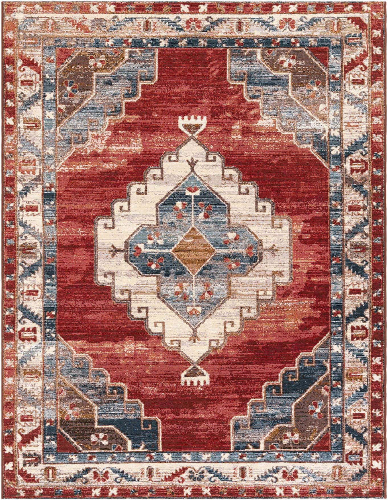 A 6x9 rectangular red and navy blue modern rug with a distressed traditional pattern, suitable for indoor or outdoor use.