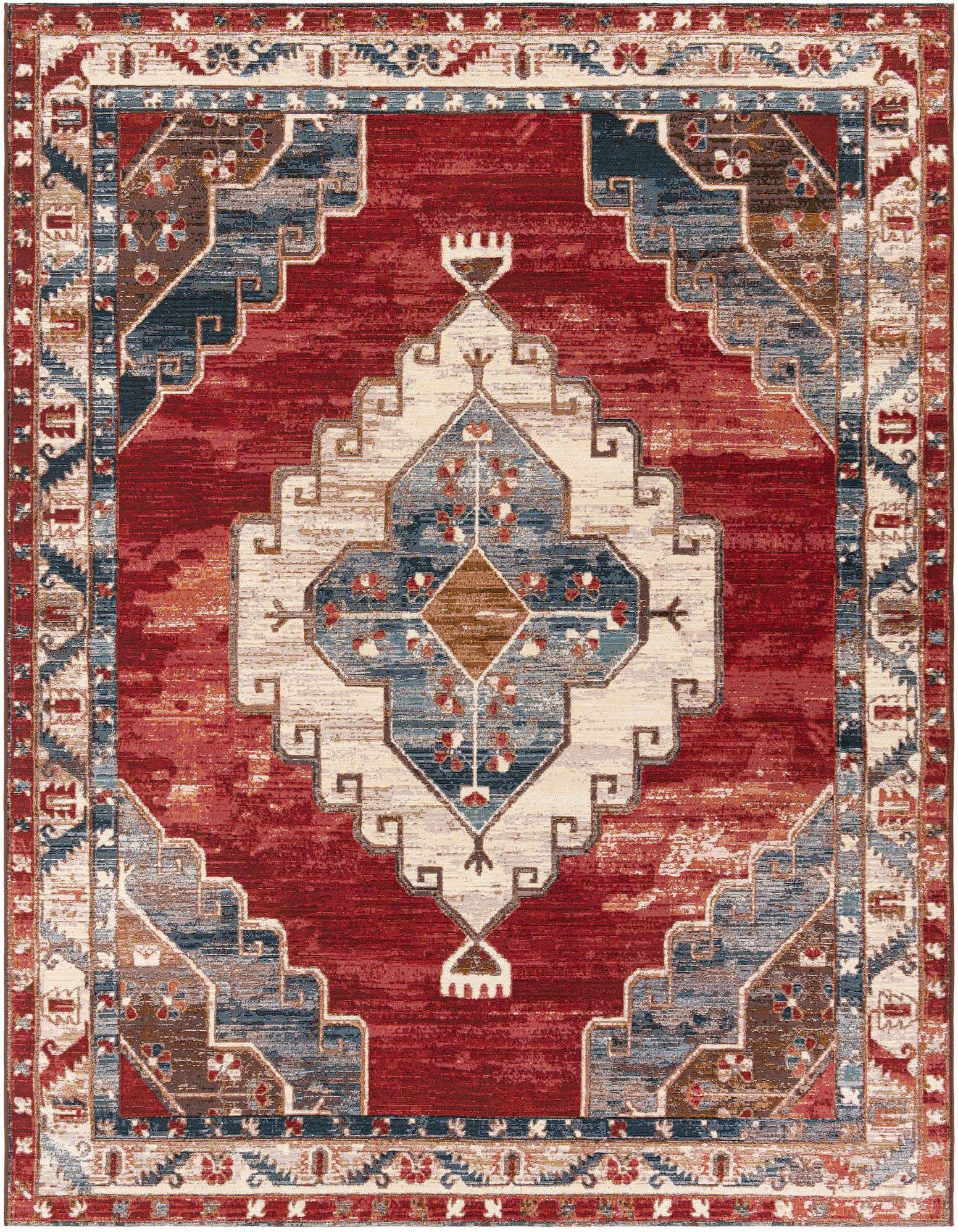 An 8x10 rectangular indoor/outdoor rug featuring a distressed traditional medallion pattern in red, navy blue, cream, and brown.
