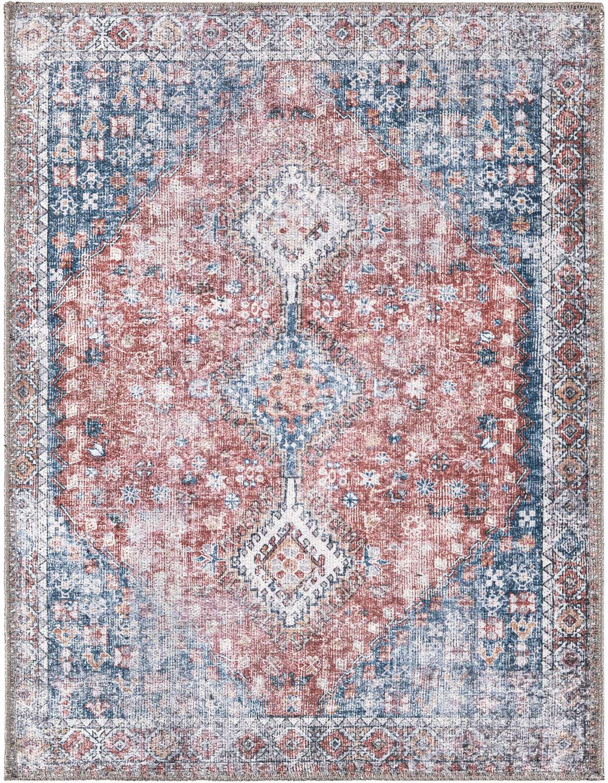 A 2x3 rectangular Rugs.com Yara rug featuring a distressed traditional pattern in red, navy blue, and white.