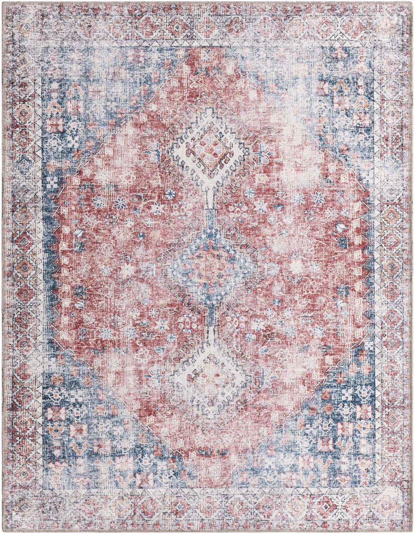 A 4x6 rectangular area rug featuring a distressed traditional pattern in shades of red, navy blue, and white.