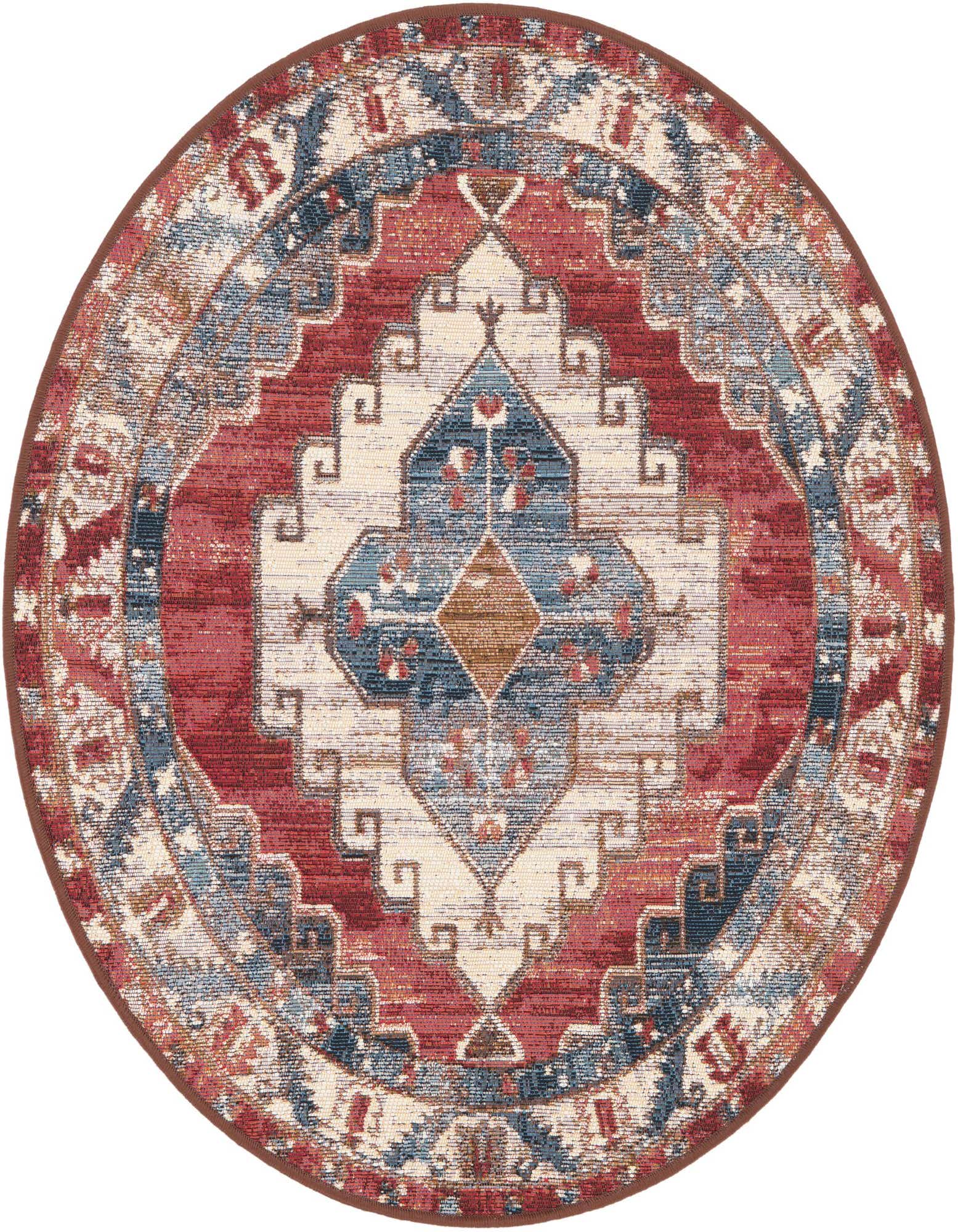 A 3' round red and navy blue traditional medallion rug with a flatweave texture, suitable for indoor or outdoor use.