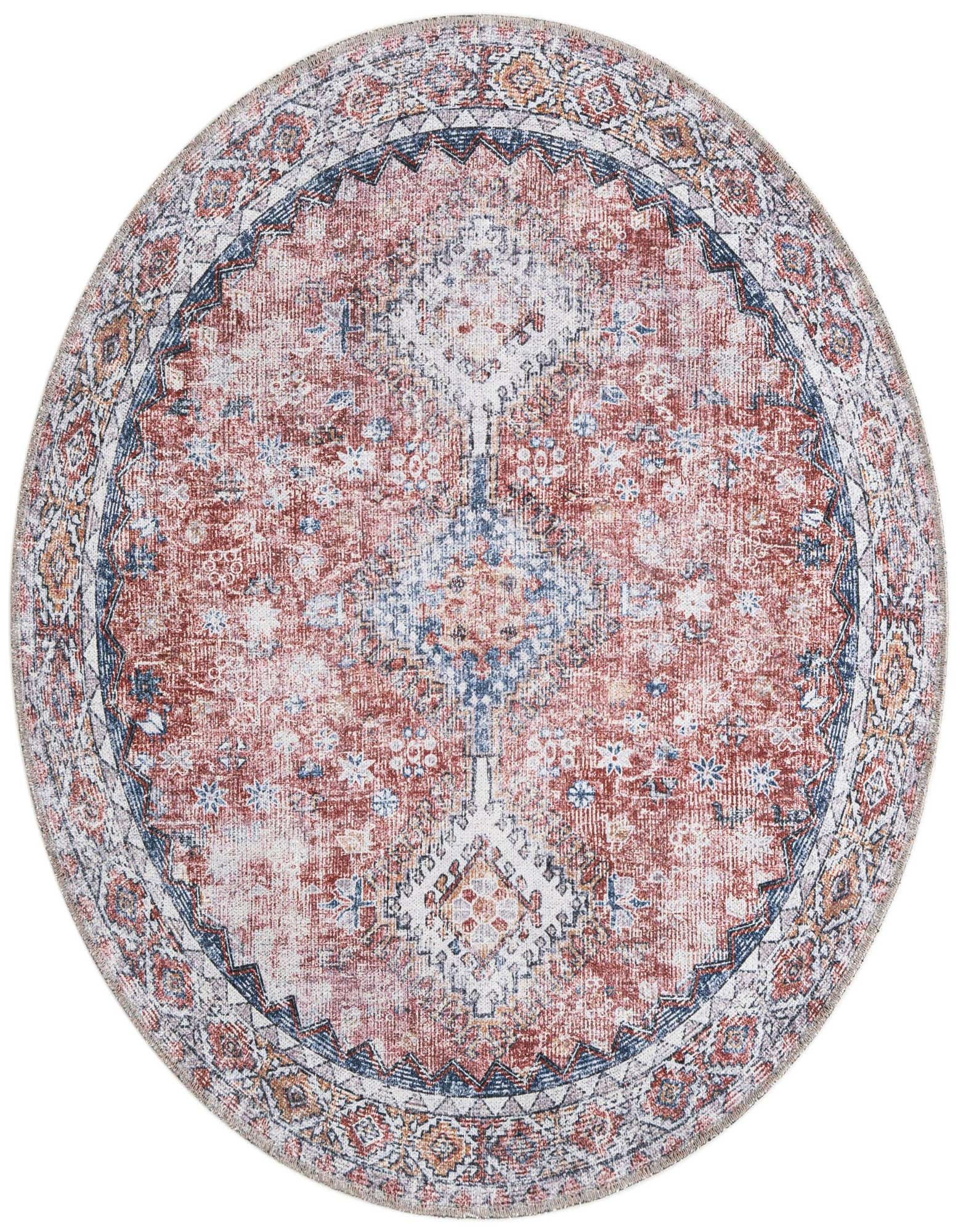 A 4' round Yara rug by Rugs.com with a distressed red and navy blue traditional pattern, suitable for indoor spaces.