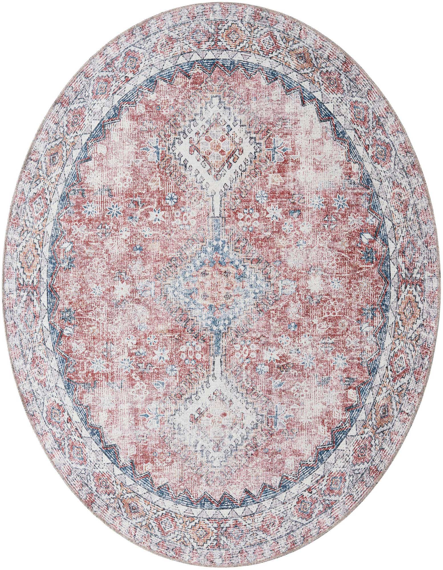 A round 7' 10" red and navy blue rug with a distressed traditional pattern and intricate border.