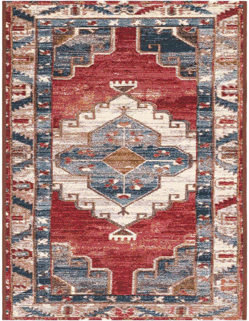A 5 ft runner rug in red and navy blue with a traditional medallion pattern, suitable for hallways or patios.