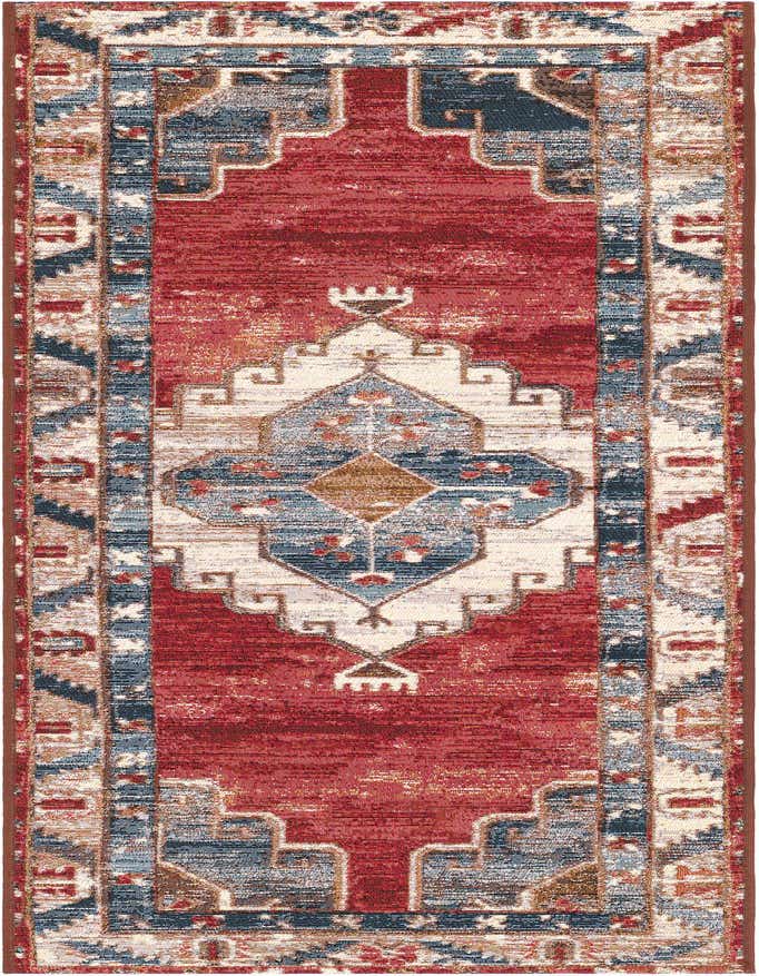 A 6 ft runner rug with a traditional red and navy blue medallion pattern, featuring distressed details and a flatweave texture.