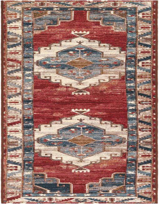 An 8 ft runner rug featuring a distressed traditional medallion pattern in red, navy blue, and cream, ideal for a hallway or kitchen.