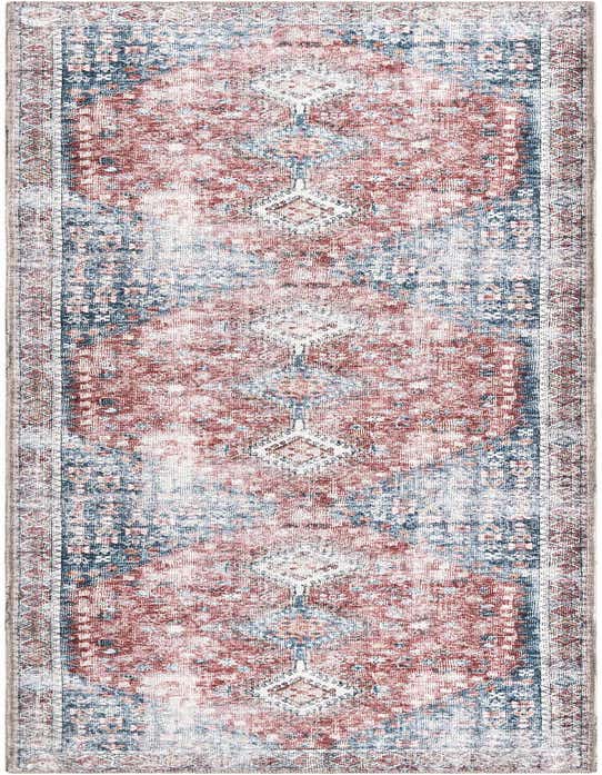 A 10 ft runner rug in red and navy blue with a distressed, traditional pattern, suitable for a hallway.