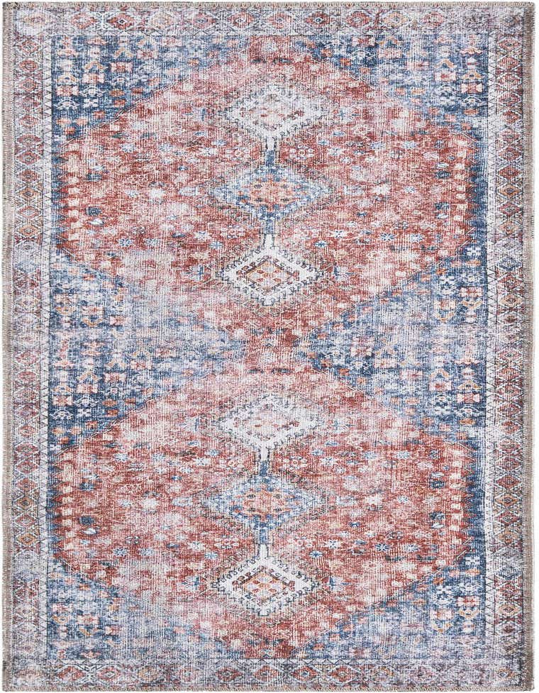 A 5 ft runner rug with a distressed red and navy blue traditional pattern, suitable for a hallway.