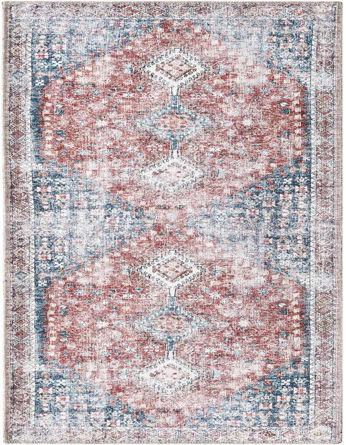 A 6 ft runner rug with a distressed red and navy blue traditional pattern, featuring a central medallion and ornate border.