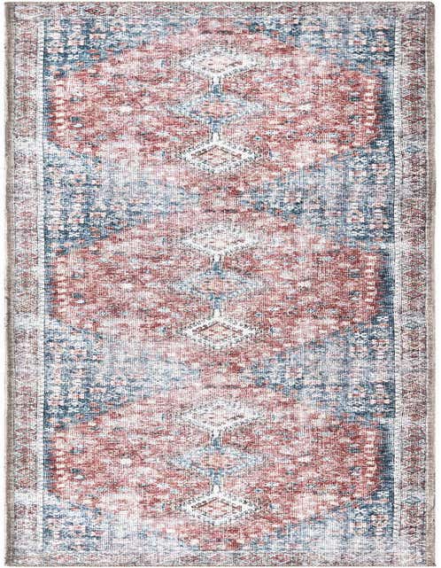 A distressed 8 ft runner rug in red and navy blue with a faded traditional pattern, suitable for a hallway.