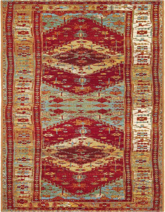 A 10 ft runner rug in red, green, and blue with a traditional Oriental medallion pattern, suitable for hallways or patios.