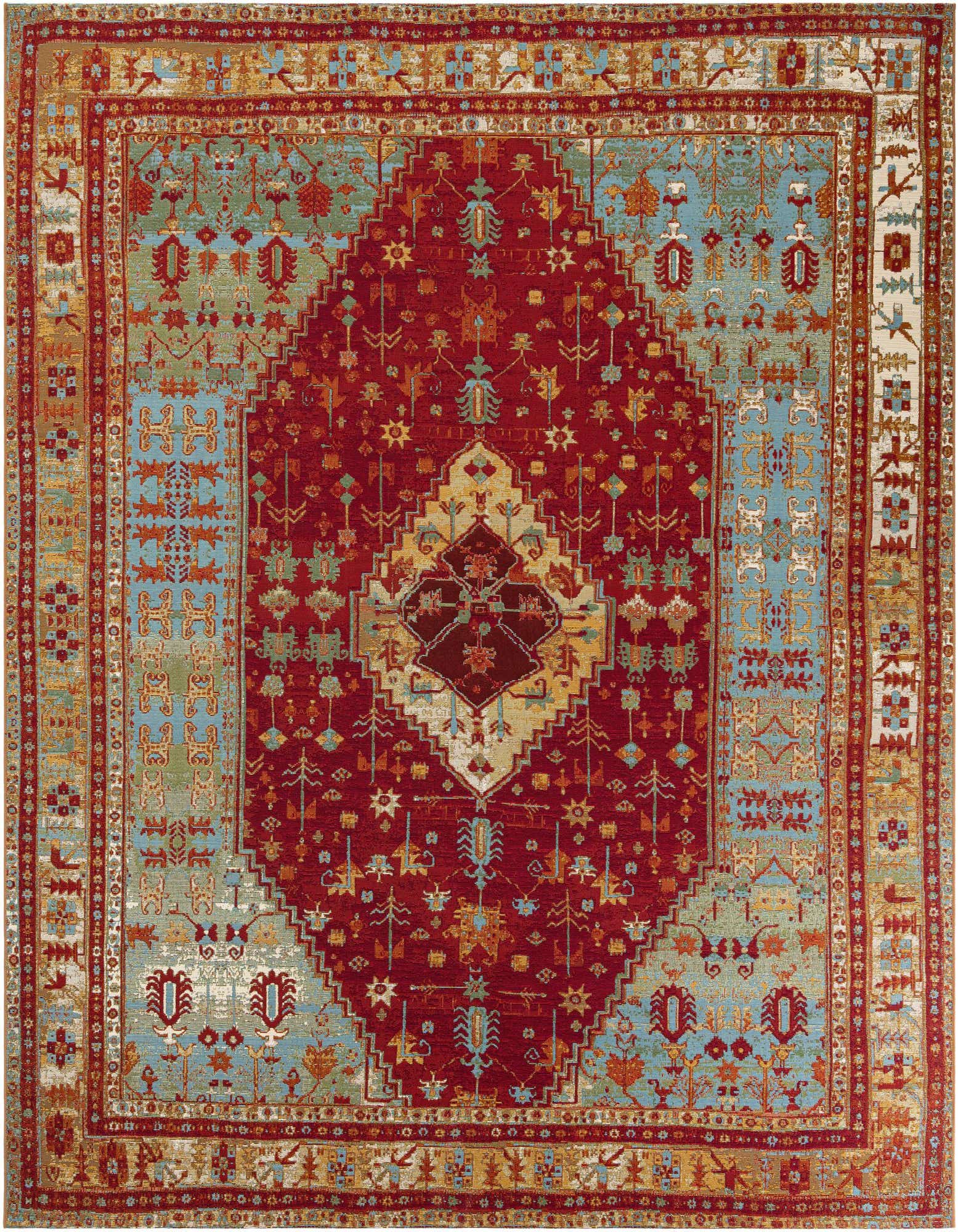 A 10'x10' square red, green, and blue Oriental rug with a central medallion and intricate border, suitable for indoor or outdoor use.