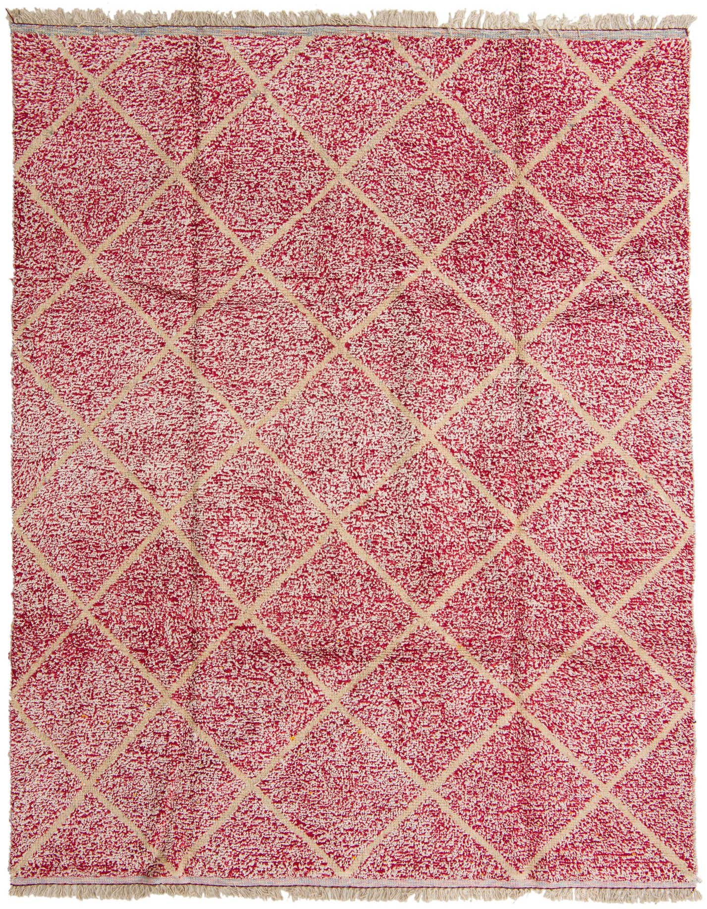 A rectangular 8x11 Moroccan shag rug in red and ivory, featuring a tribal diamond pattern, ideal for a living room.