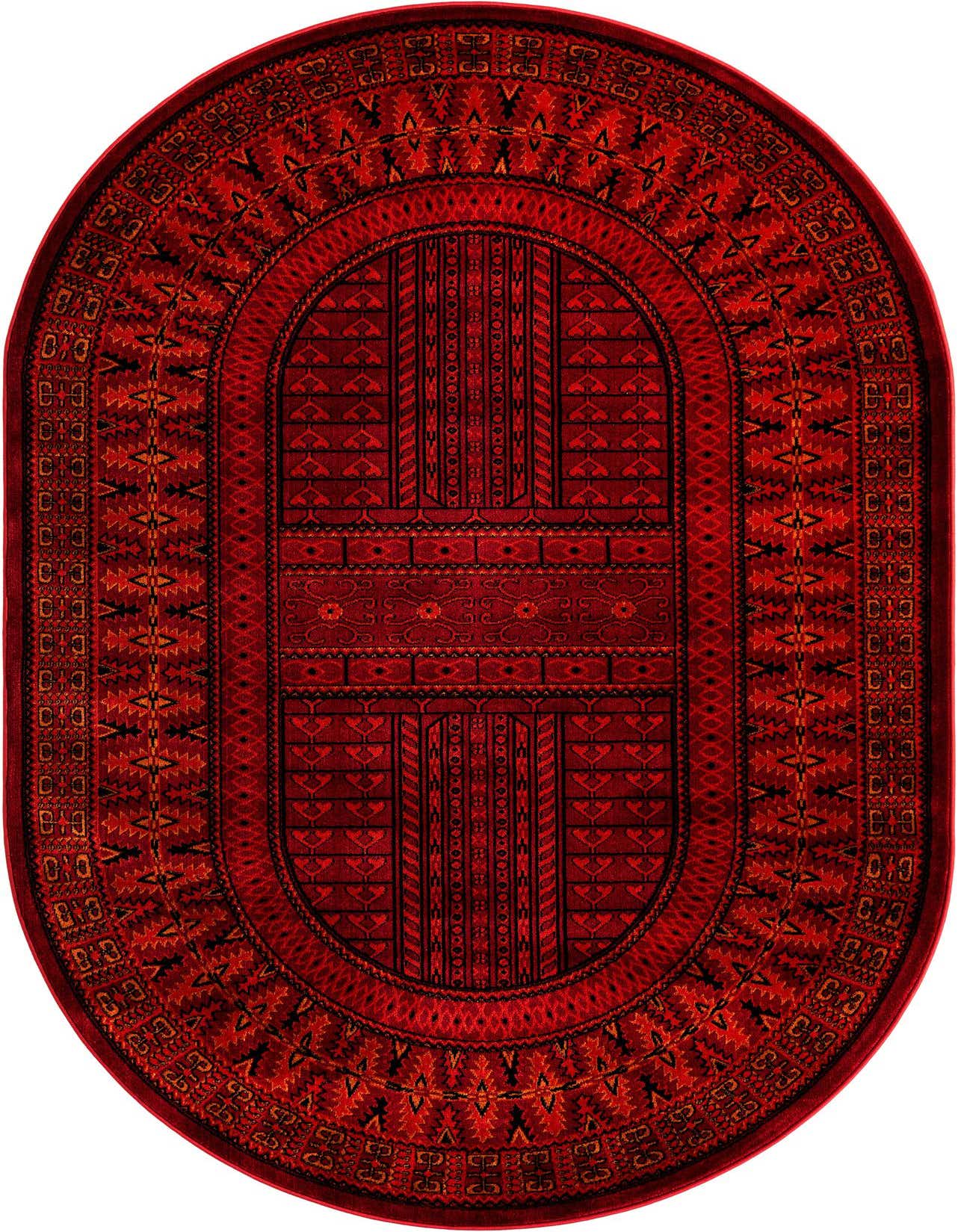 A 5' 3 x 8' 0 oval Bokhara rug in rich reds with intricate traditional tribal patterns and a central medallion design.