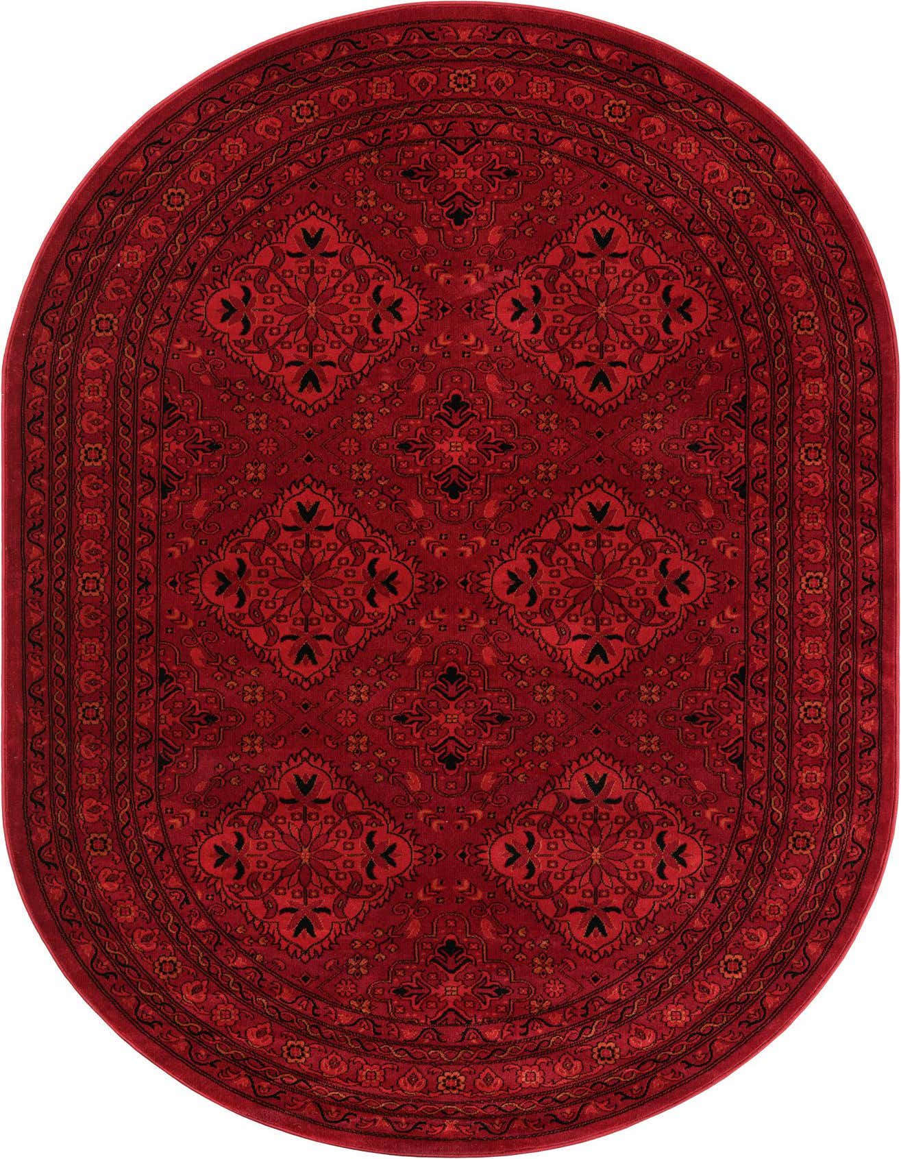 A 6' 1 x 9' 0 oval Bokhara rug in deep reds with a traditional medallion and tribal pattern.